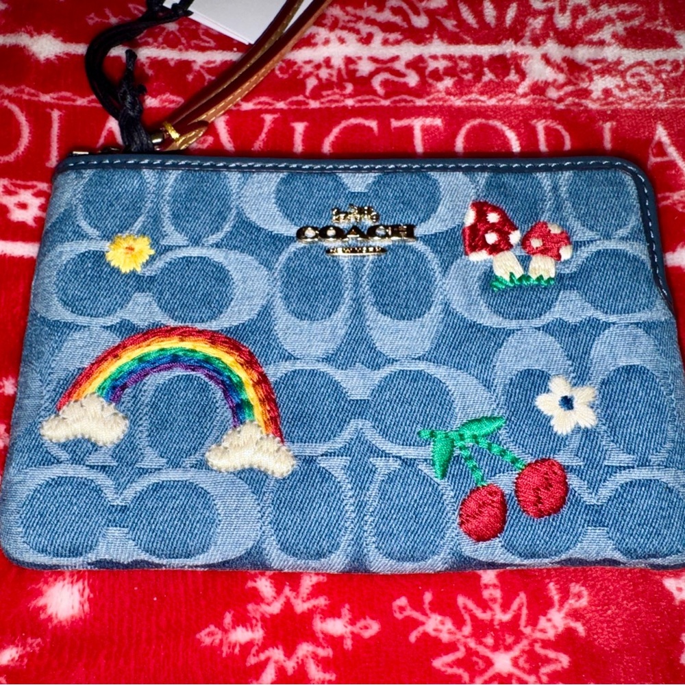 Coach Signature Denim Wristlet w/ too cute Embroidery Patterns, new with tags